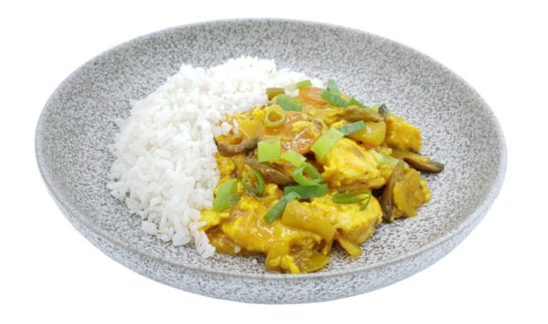 Kip curry op een bord met rijst